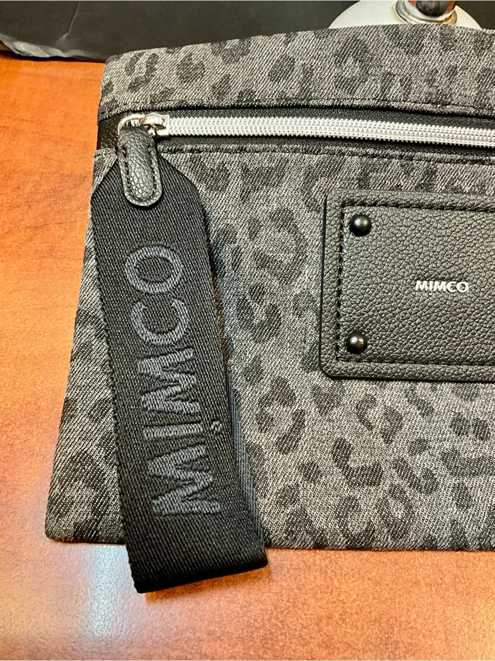 MIMCO Grey Leopard Print Wristlet Pouch with Branded Strap